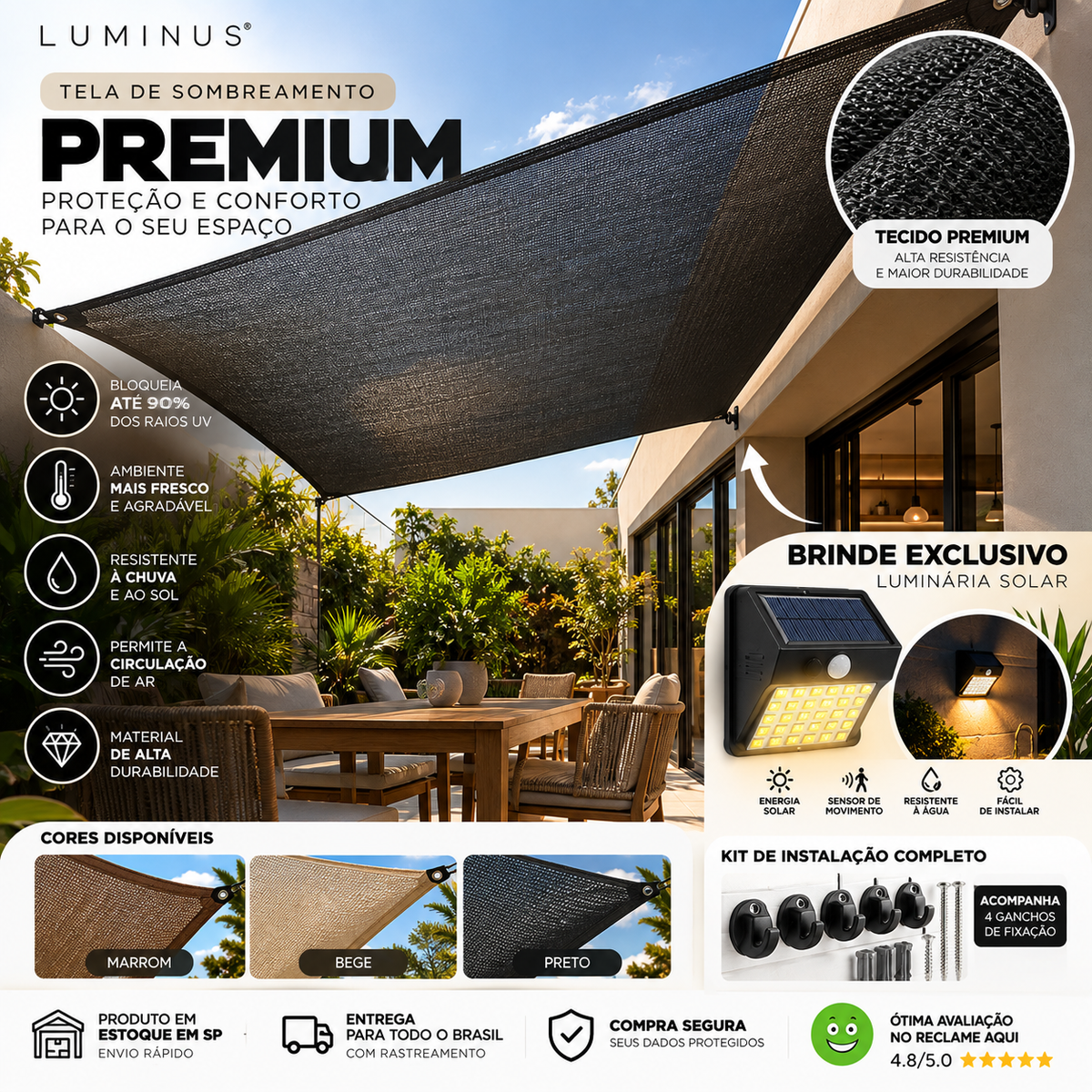 SunShade™ Luminus — Tela Premium de Proteção Solar 90% UV + Brinde (Luminária Solar)